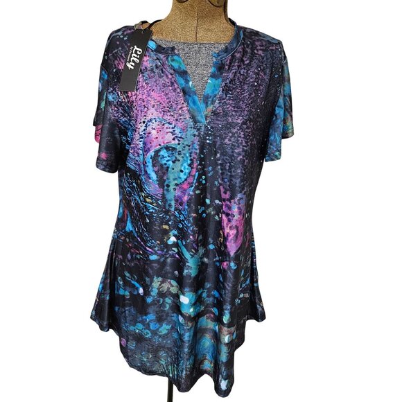 Lily By Firmiana Womens M Abstract Print Short Sleeve Tunic Top Polyester - Picture 1 of 10